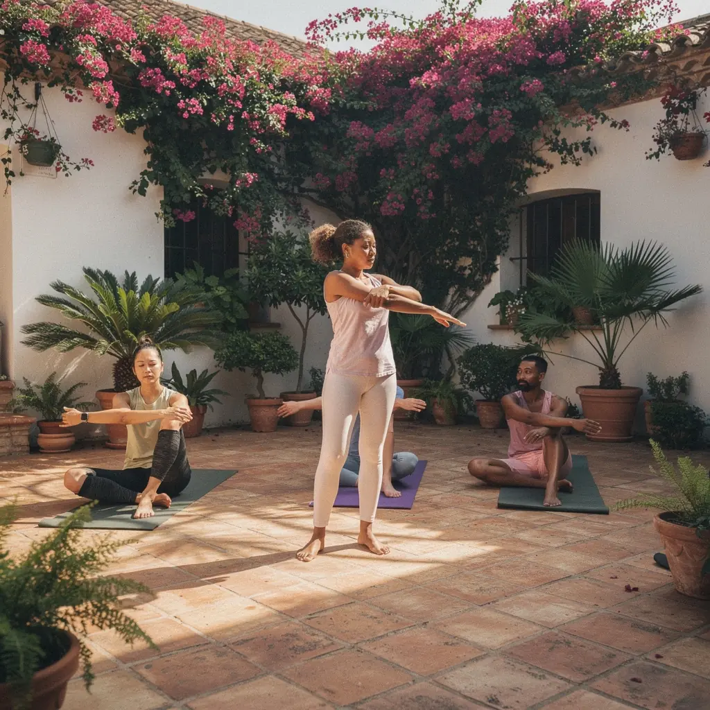 Grupo de practicantes de yoga en una clase, enfocándose en la movilidad y el bienestar articular.